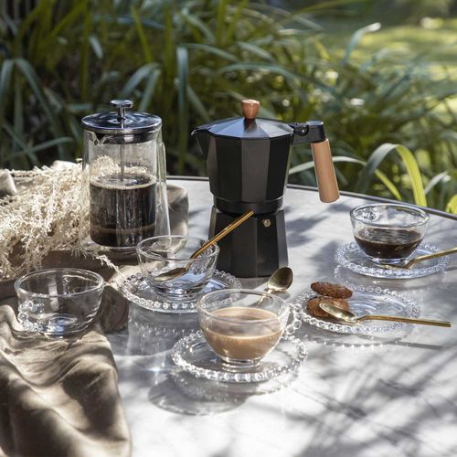 Cafetera moka 6 tazas negra mango en madera