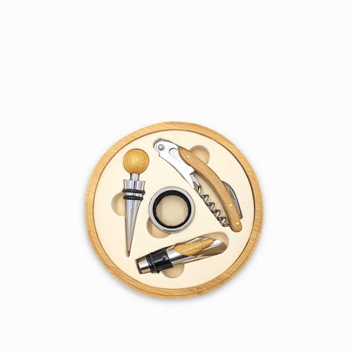 Kit vino caja bambú redonda set x4