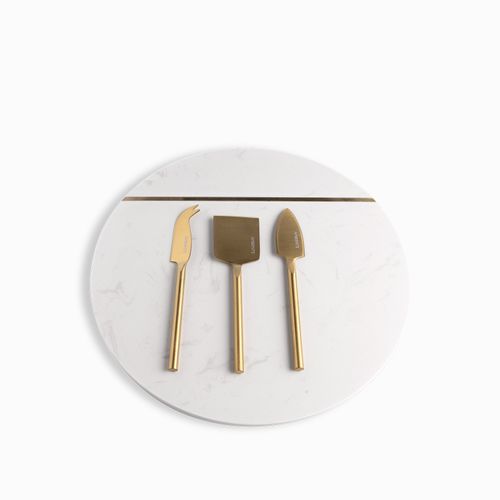 Tabla redonda y cuchillos para queso set x4