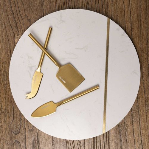 Tabla redonda y cuchillos para queso set x4