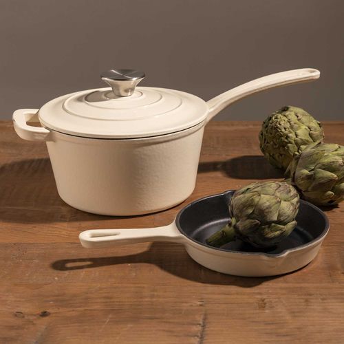 Olla blanca en hierro fundido con mango largo 19cm